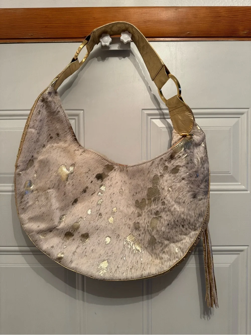 Junior Drake Gold Studded with metallic Cowhide Hobo Bag Fringed Tassel